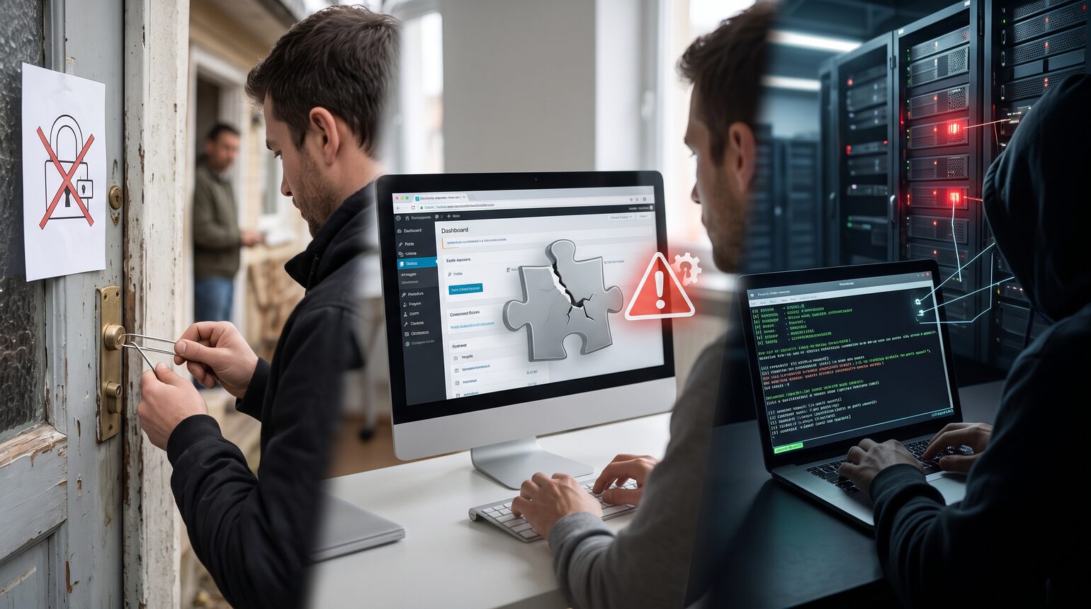 Un individu crochète une vieille serrure à côté d'un panneau de cadenas barré, un tableau de bord affiche un module logiciel fissuré avec une alerte rouge, et un pirate exploite à distance un serveur, pour illustrer un logiciel pas à jour dont la faille est déjà connue.
