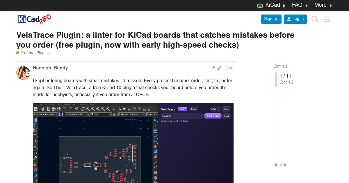 VelaTrace KiCad plugin: Catch PCB mistakes before you order the board